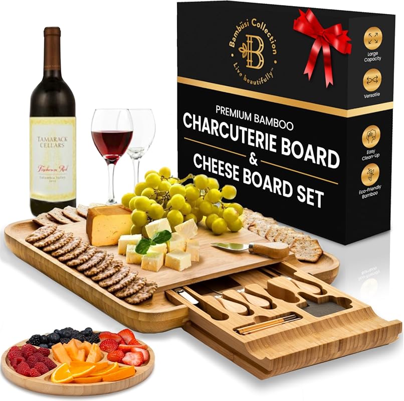 Charcuterie Boards Gift Set by Bambüsi - Large Bamboo Cheese Board for