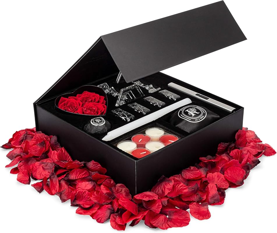 Romantic Gift Box with Candles and Rose Petals for a Special Night