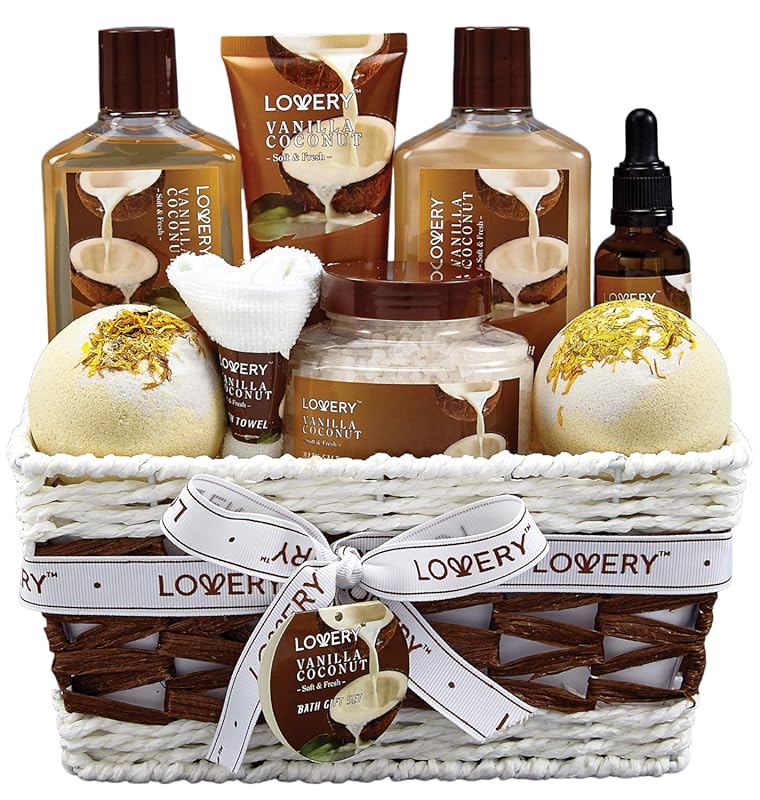 9-piece vanilla coconut spa set with bath bombs, lotions, and coconut