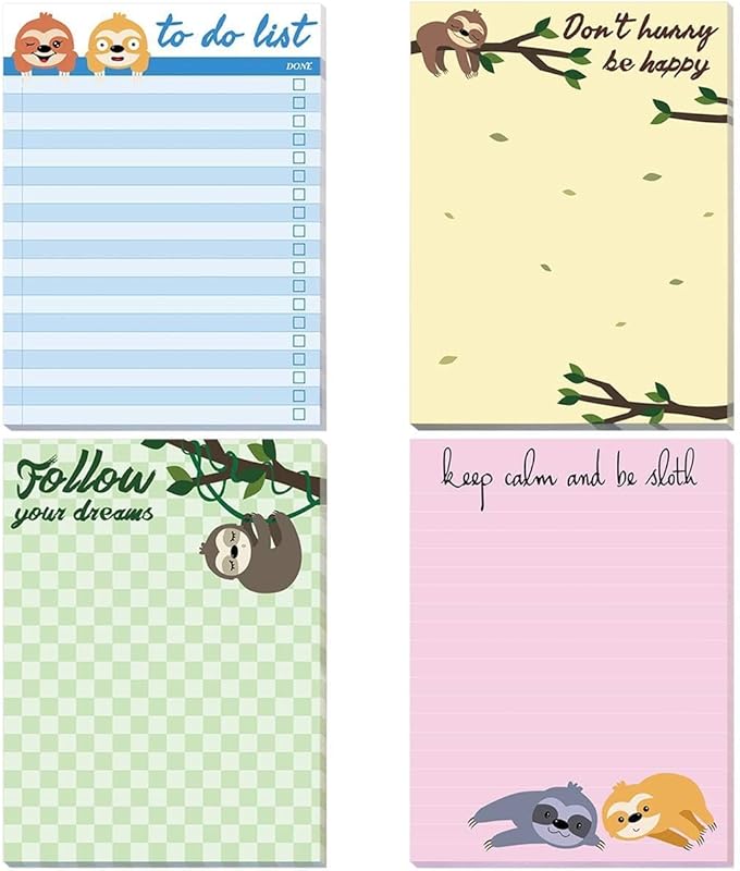 Fancy Land Sloth Memo Pads 4 Pack Funny Animal Notepads for Office Hom