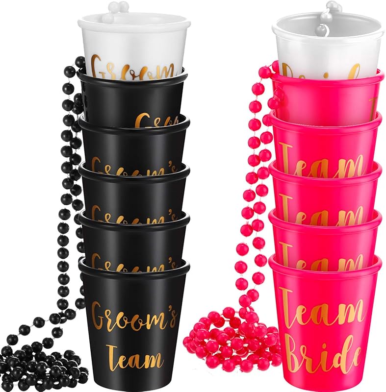 Team Bride Shot Glass Necklaces Set of 12 with Gold-Toned Beaded Chain