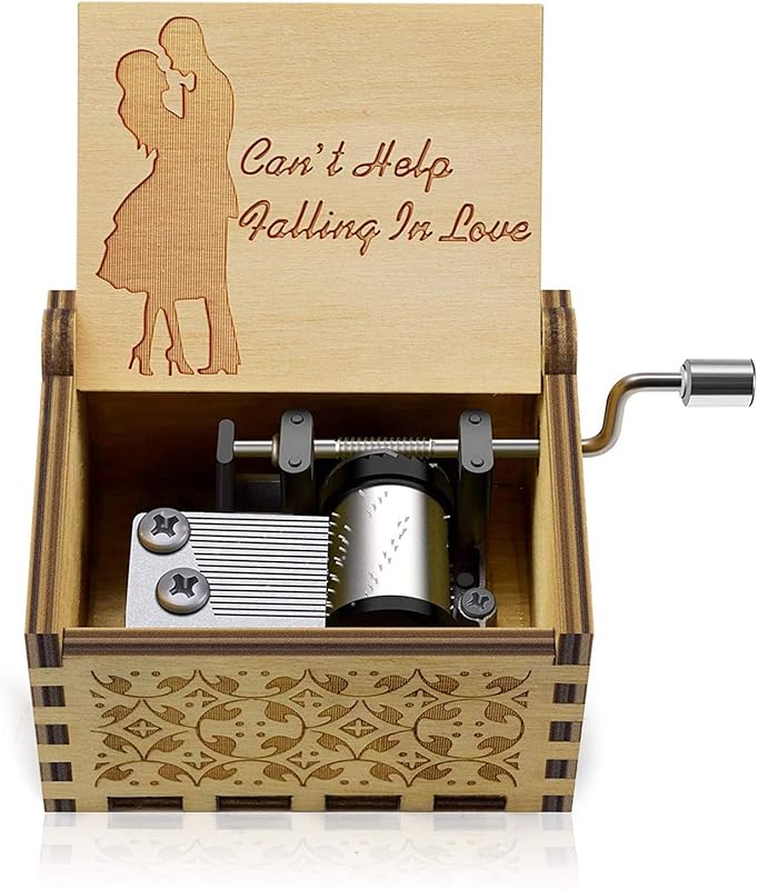 Can't Help Falling in lo Wood Music Box Hand-Operated Antique Engraved