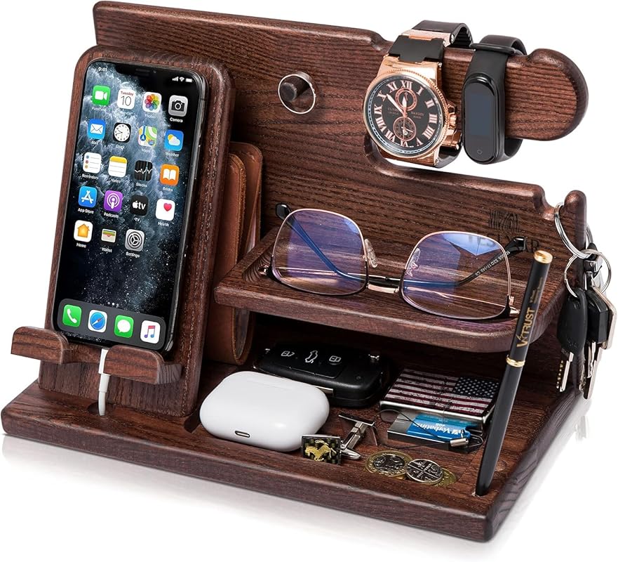 TESLYAR Wood Phone Docking Station Nightstand Organizer with Key Holde