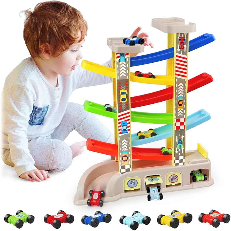 Car Ramp Toy Set with 6 Cars, Race Tracks, Garages and Parking Lots fo