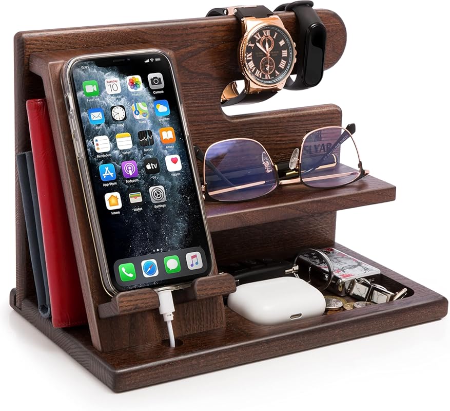 TESLYAR Wood Phone Docking Station with Key Holder Wallet and Watch St