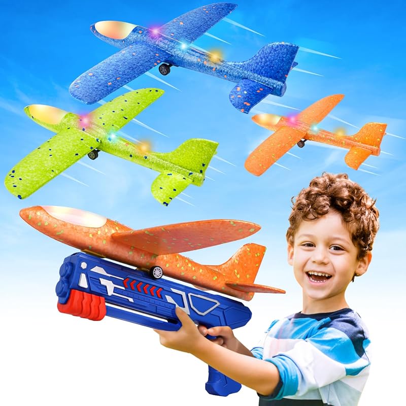 Three-pack LED foam airplane launchers with two flight modes for outdo