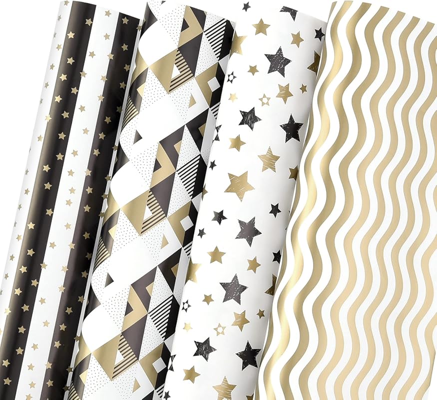 PlandRichW black white and gold wrapping paper set, 4 folded matte sty
