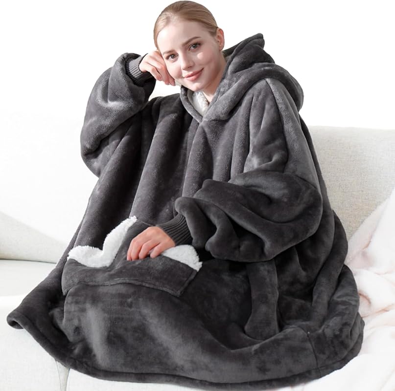 Touchat Oversized Sherpa Fleece Wearable Blanket Hoodie with Giant Poc