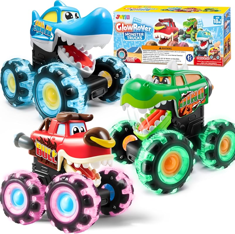JOYIN 3-Pack Monster Trucks with Light-Up LED Wheels and Motion Activa
