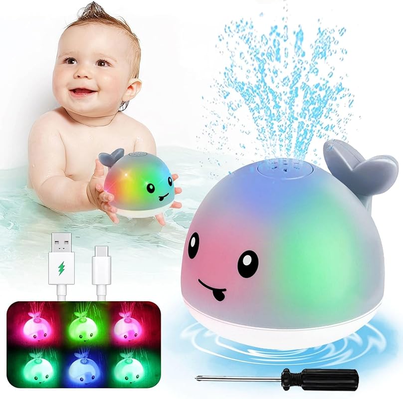 Fun light-up whale bath toy with sprinkler for toddlers ages one to th
