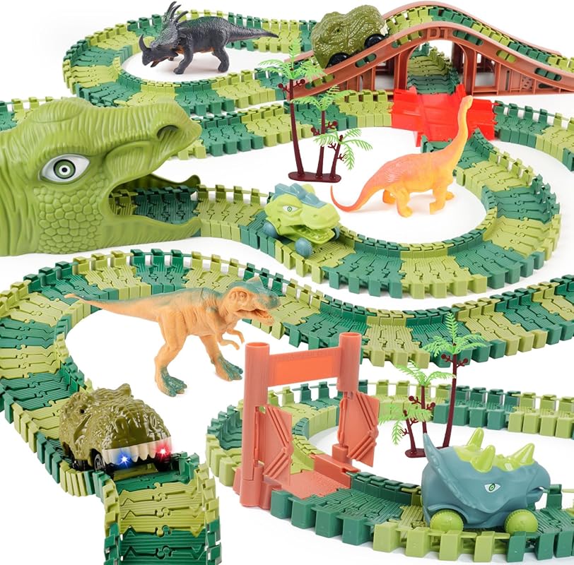 GIAT Dinosaur Track Set with Race Cars Lights and Sound for Ages 3+