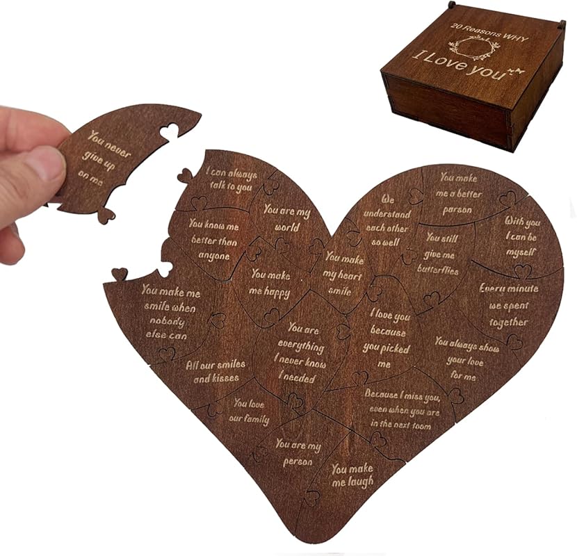 Wooden Heart Puzzle Box with 20 Love Reasons, Thoughtful Valentine’s G
