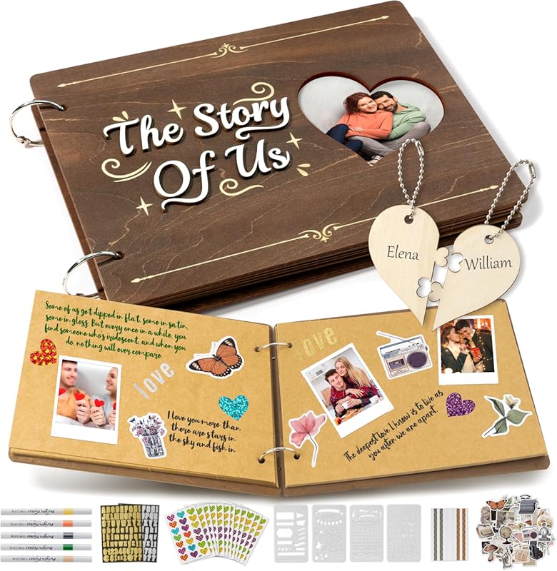 The Story of Us Wooden Scrapbook Kit – 111PCS DIY Craft Set for Couple