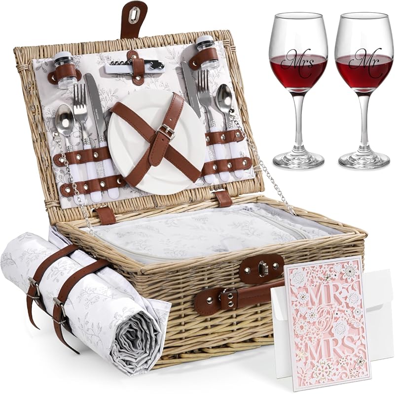 Romantic Picnic Basket for Two with Mr and Mrs Wine Glasses and Blanke
