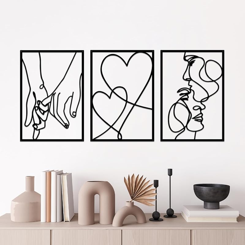 3 Pieces Metal Minimalist Line Wall Art, Valentine's Day Lover Kiss Ha