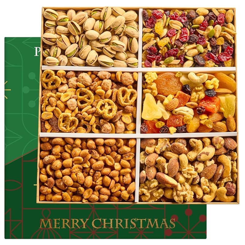 Gourmet Mixed Nuts Christmas Gift Basket with 6 Varieties, Holiday Sna