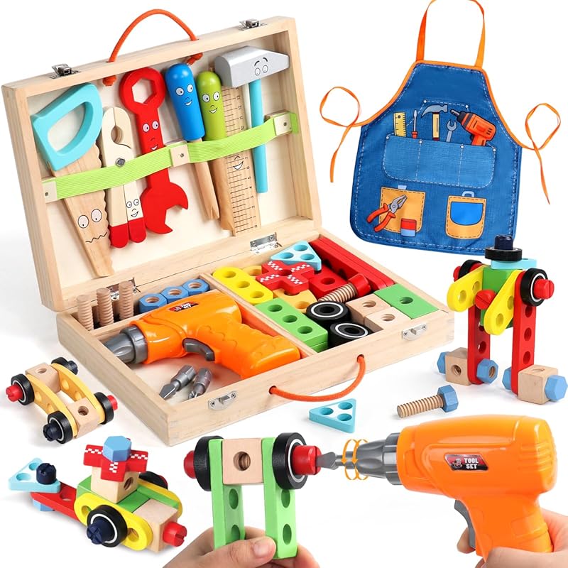 44-piece wooden tool set with drill and apron for 3-year-old boys and 