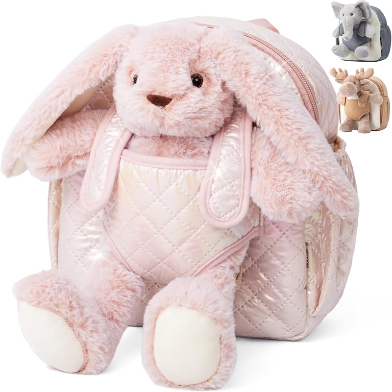 Moonkie Hug and Go Bunny Toddler Backpack - Soft Plush Bag with Detach