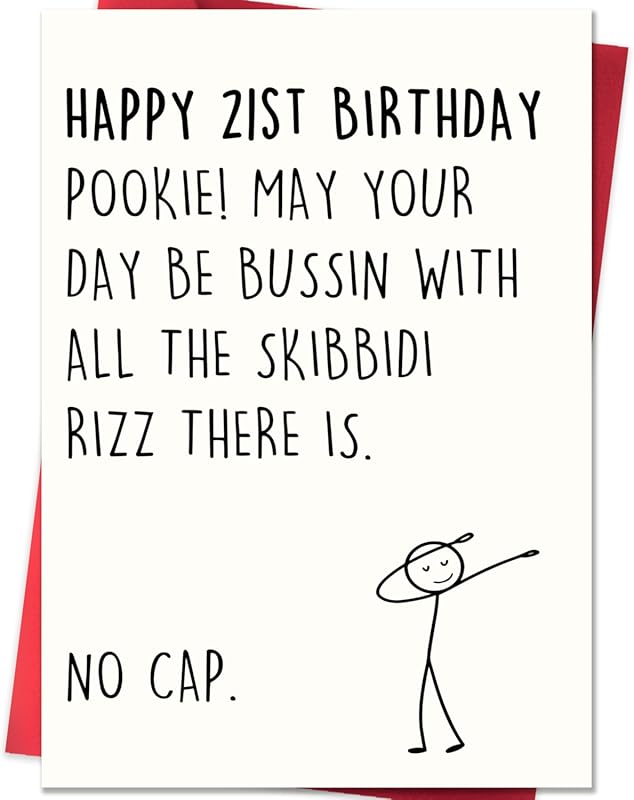 Funny 21st birthday card with Gen Z slang, meme-inspired design for te