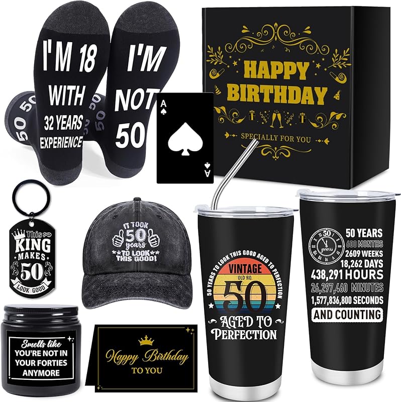 50th birthday gift set for men 7 piece kit tumbler socks cap keychain 
