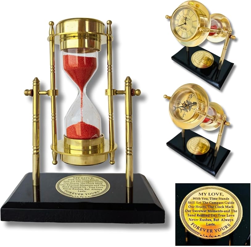 Engraved Brass Sandtimer Clock Compass, Romantic Gift for Husband, Wif