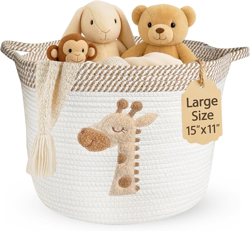 Giraffe Storage Basket for Nursery – Large 15”x11” Cotton Rope Bin wit