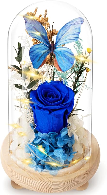 Blue preserved roses in glass dome with light, romantic delivery gift