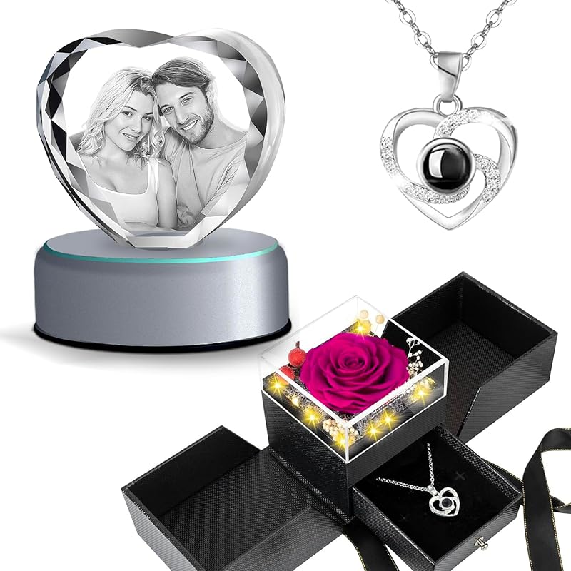 Preserved Real Rose with I Love You Necklace and 3D Crystal Photo