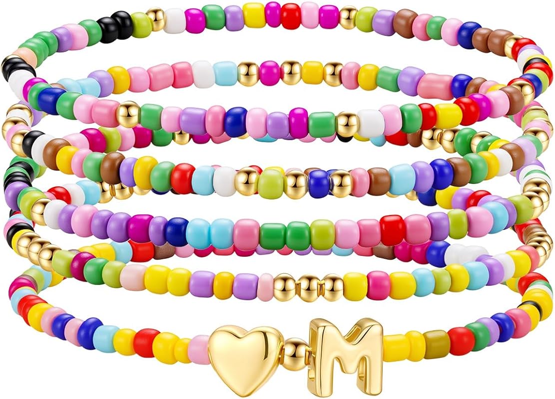 MOOHAM 5-Piece Beaded Initial Bracelet Set - Stackable Christmas Gift 
