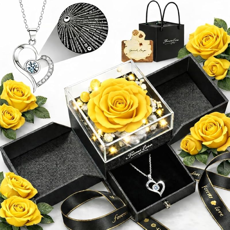 Preserved Real Rose with Heart Necklace – “I Love You” in 100 Language