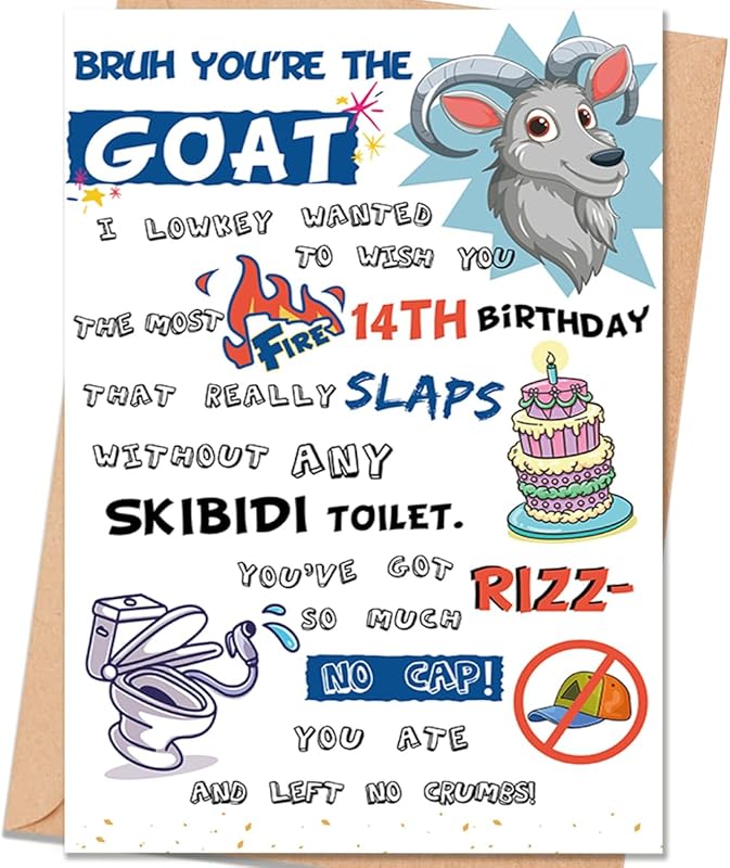 Gen Z slang 14th birthday card, funny meme-inspired gift for teenage g