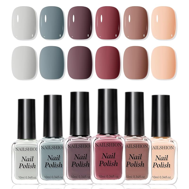 Nail Polish Set Six Colors Nude Pink Brown Red Dusty Rose Fast Drying