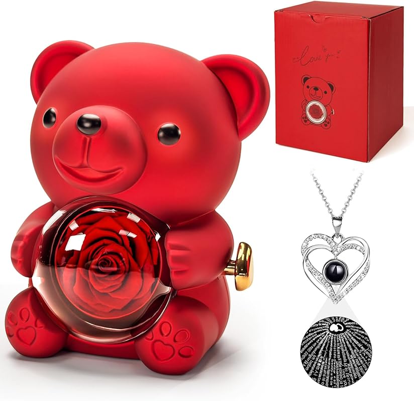 HITOP Rose Gifts for Women - Cute Teddy Bear with Preserved Real Roses