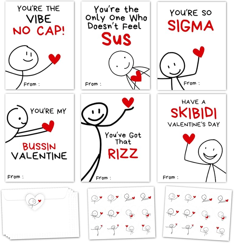 Gen Z Slang Valentine Cards, 24 Pack for Classroom Exchange for Boys a