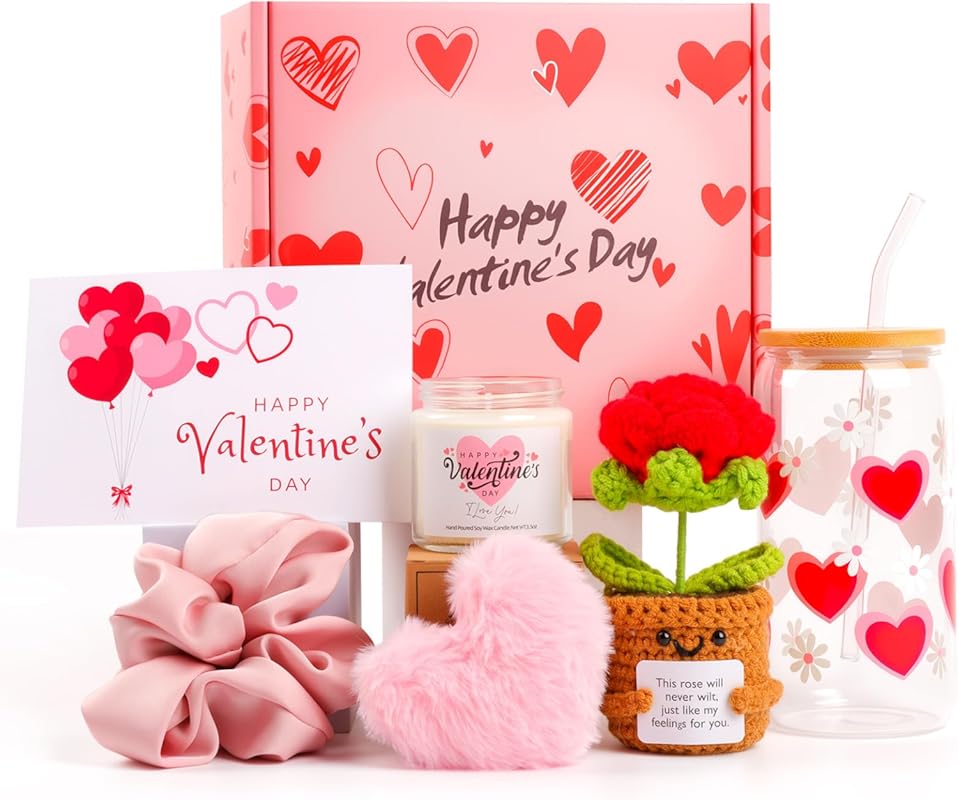 Romantic Gift Basket for Her with 16oz Glass Cup, Perfect Valentine Pr