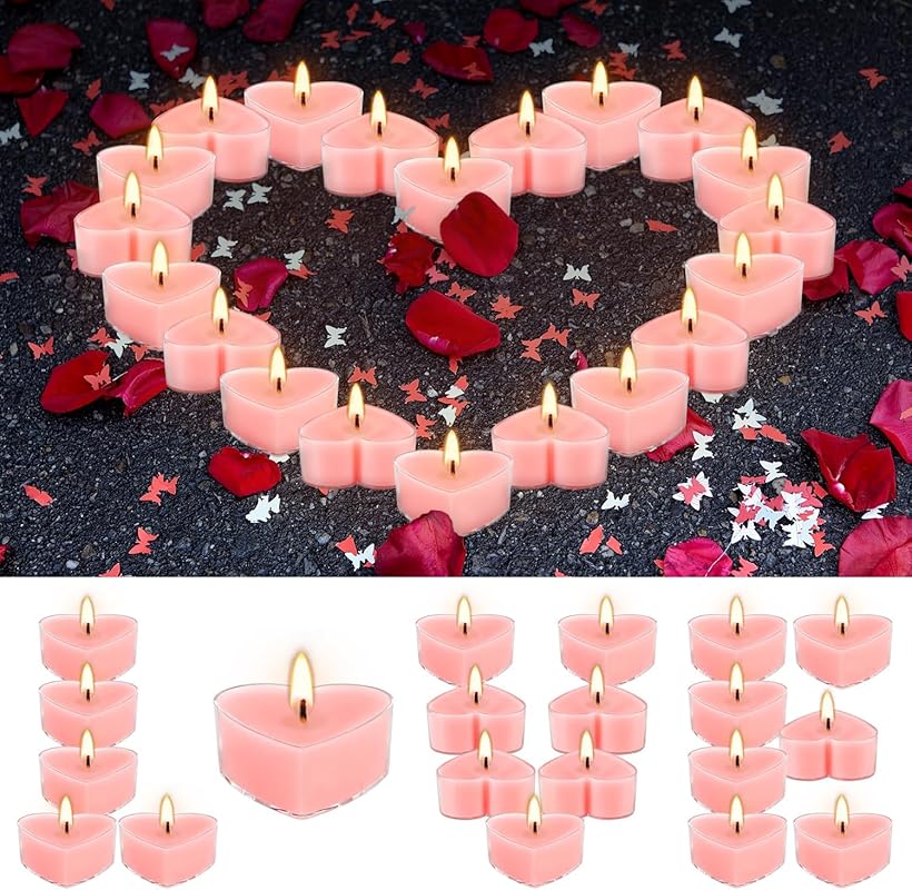 50-Pack Pink Heart Tea Wax - Rose-Scented Candles for Valentine's Day