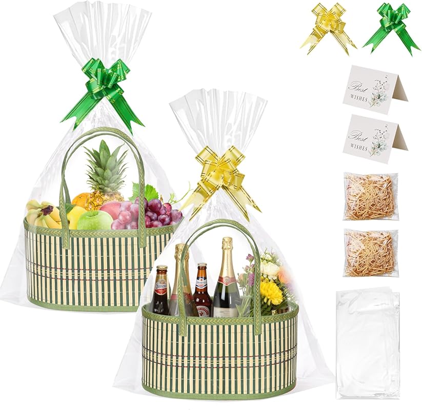 Empty gift hamper set with bags, bows, cards, and raffia for DIY gift