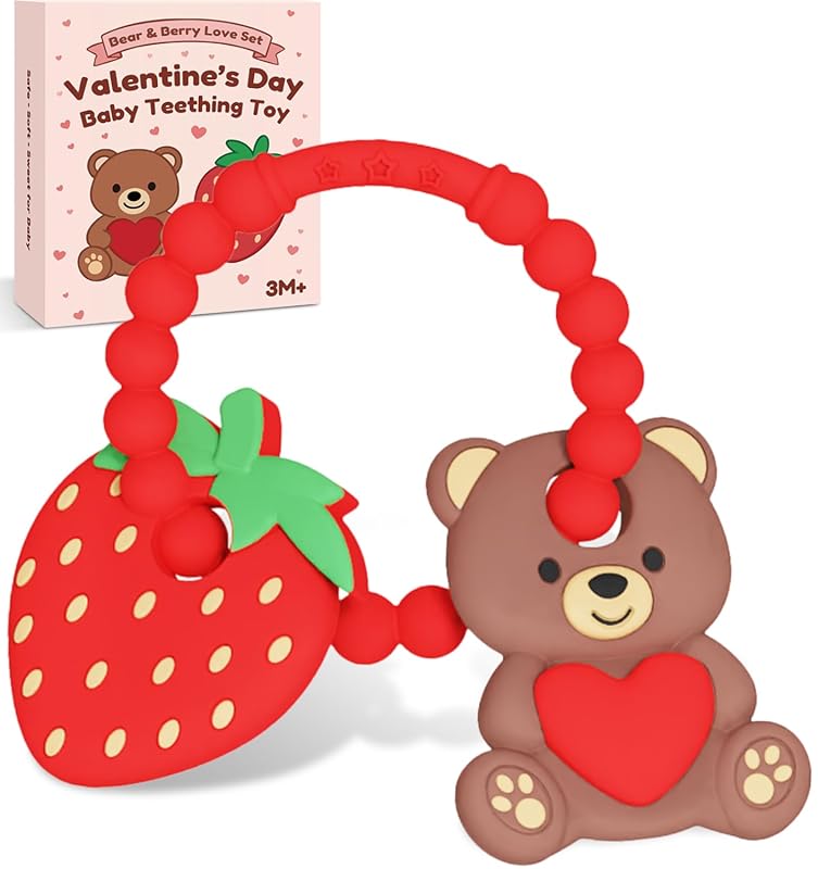 Valentine’s Baby Teething Toys, Teddy Bear & Strawberry Silicone Teeth