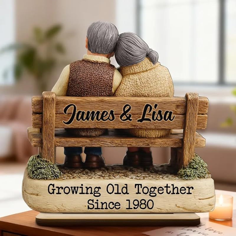 Personalized Old Couple Bench Sign, Custom Names Growing Old Together