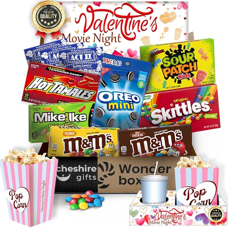Valentine’s Movie Night Gift Basket with Popcorn Bags and Candy for Co
